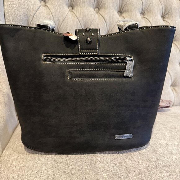 Trinity Ranch Genuine Leather Floral Tooled Purse (Black/Cream) - Picture 3 of 13